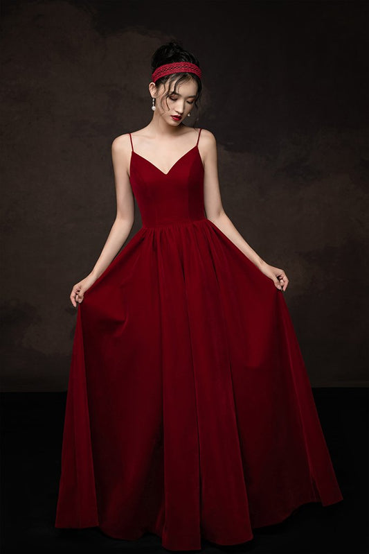 Schlichtes, langes, weinrotes Ballkleid mit V-Ausschnitt, weinrotes Brautjungfernkleid, cg15886