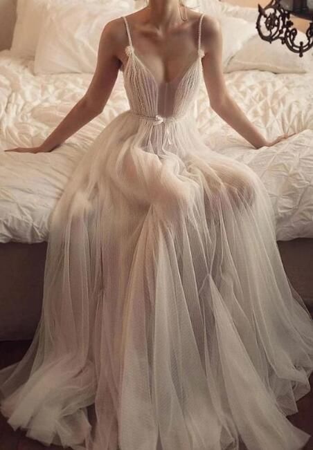 Simple champagne tulle long prom dress, champagne tulle evening dress cg15892