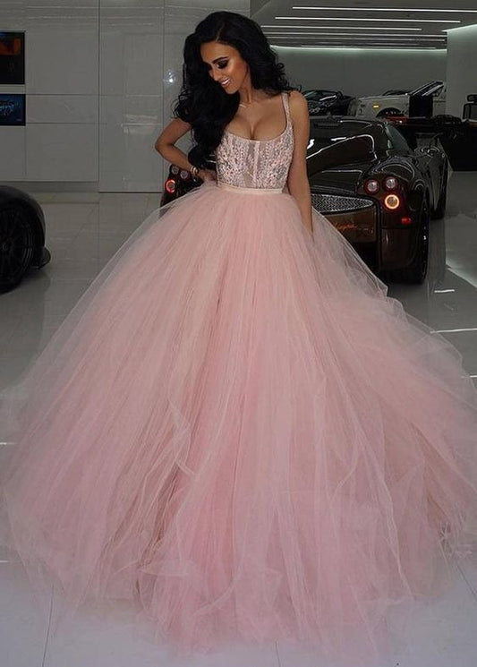 Rosa Ballkleider Charmante Tüll Rundhalsausschnitt Ballkleid Brautkleider Mit Spitzenapplikationen & Strass & Gürtel cg15900