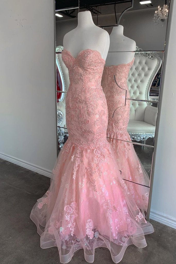 Strapless Pink Tulle Lace Long Mermaid Prom Dress Evening Dresses cg15926