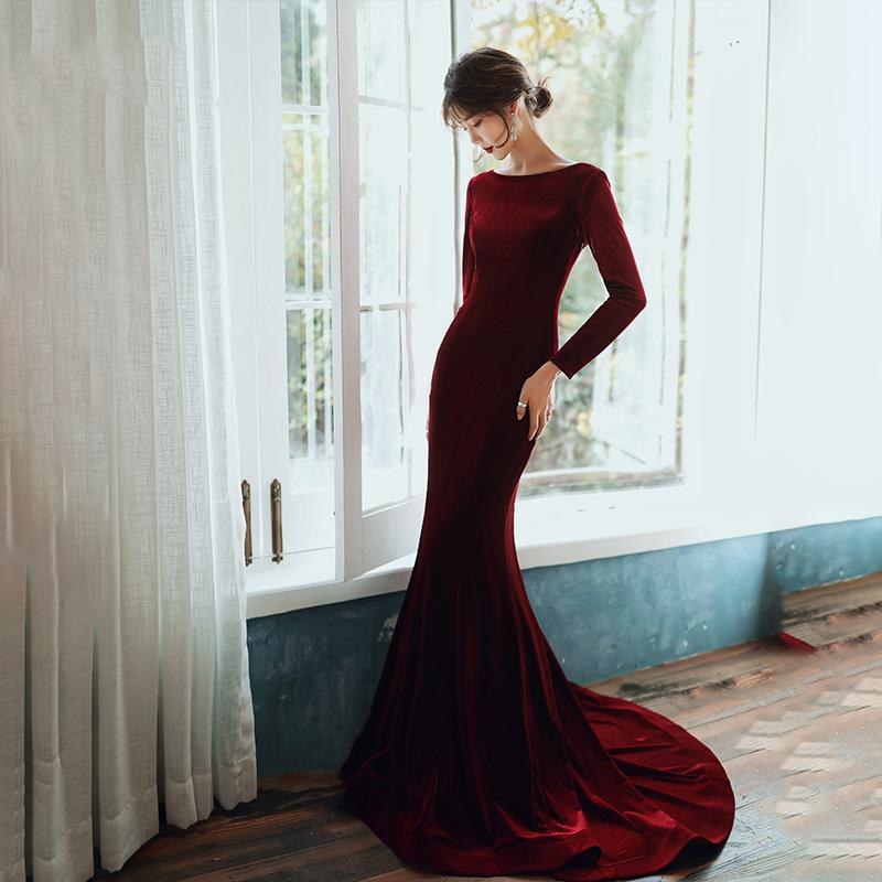 Burgundy Velvet Long Sleeves Mermaid Party Dress, Long Prom Dress cg15938