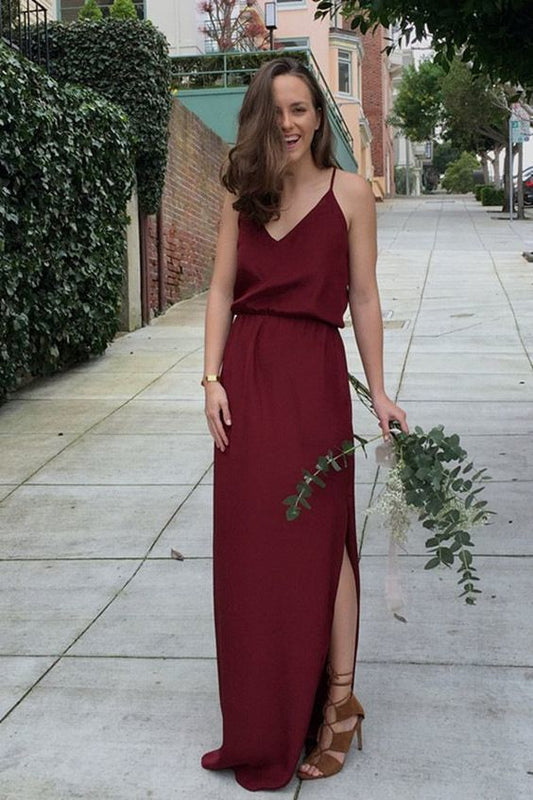 Bodenlanges Burgunderrotes Ballkleid mit V-Ausschnitt cg1595