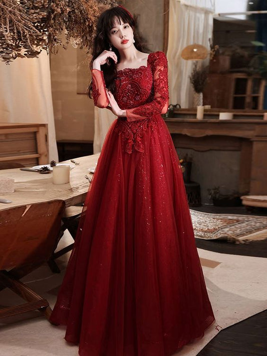 Burgunderrotes langes Ballkleid aus Tüllspitze, burgunderrotes Brautjungfernkleid cg15977