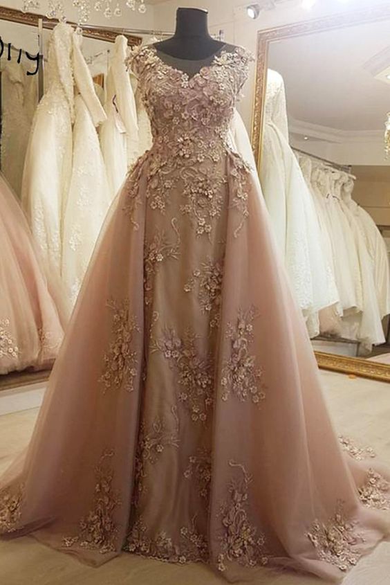 Deep champagne tulle cap sleeve long formal prom dress, evening dress with applique cg15985