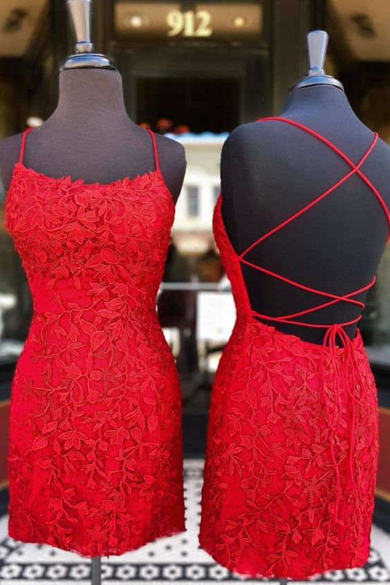 tight red lace straps party dress with lace up back Homecoming Dress cg15990