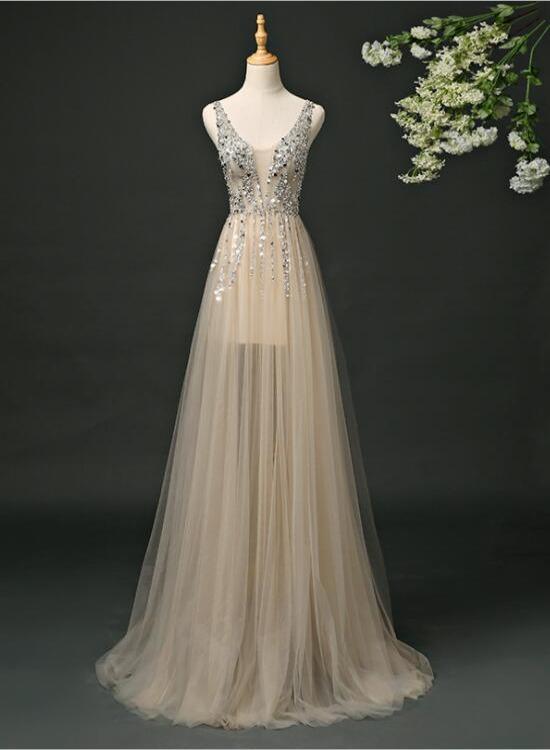 Champagne V-Neckline Tulle Sequins Long Party Dress, A-Line Formal Dress Prom Dress cg15994