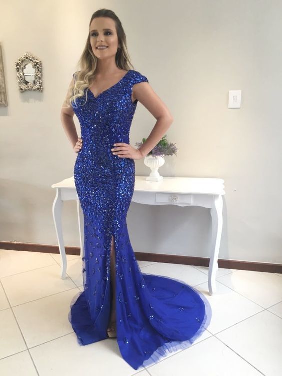 Royal Blue Mermaid Beading Prom Dress cg16001