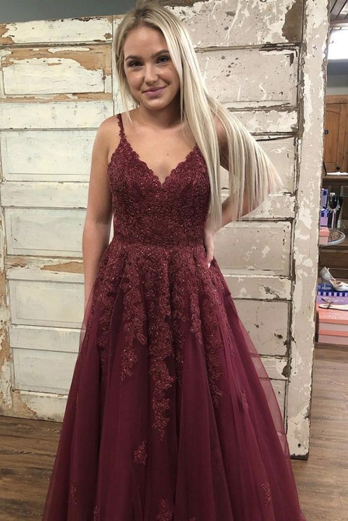 Burgundy V Neck Backless Lace Long Prom Dress, cg16015