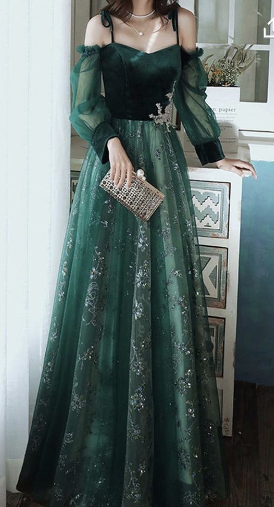 elegantes dunkelgrünes Spitzenkleid, Ballkleid, cg16016