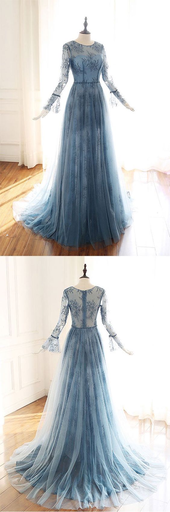 Blaues Tüllkleid mit langen Ärmeln, blaues Brautjungfernkleid cg1602