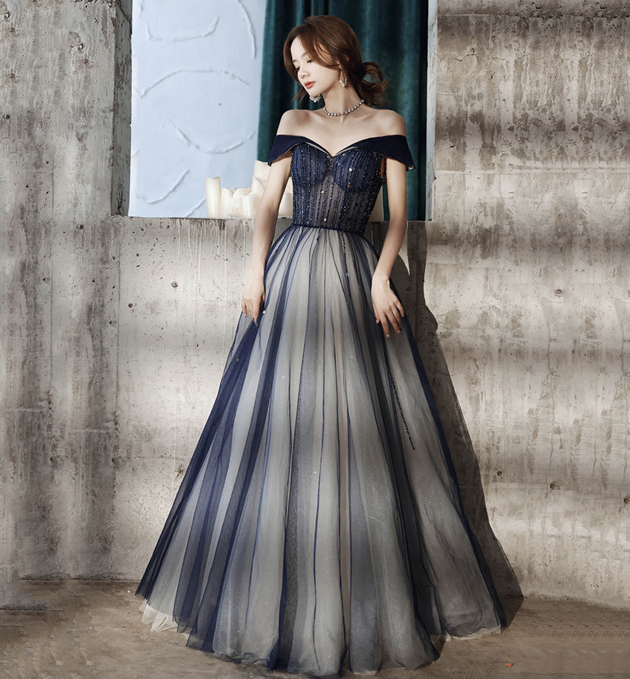 BLUE TULLE BEADS LONG PROM DRESS BLUE EVENING DRESS cg16053