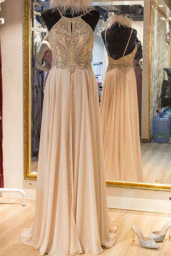 2021 peach chiffon long prom dress with open back cg16054