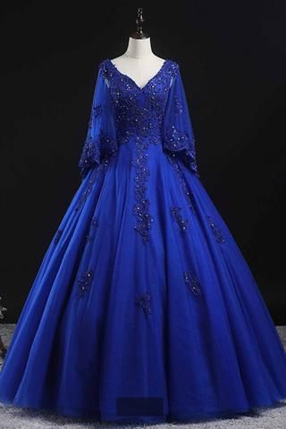 blue tulle v neck off shoulder long customize prom dress, party dress with sleeves cg16063