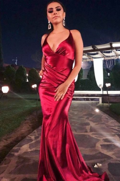 Mermaid V Neck Spaghetti Straps Dark Red Prom Dresses cg16068