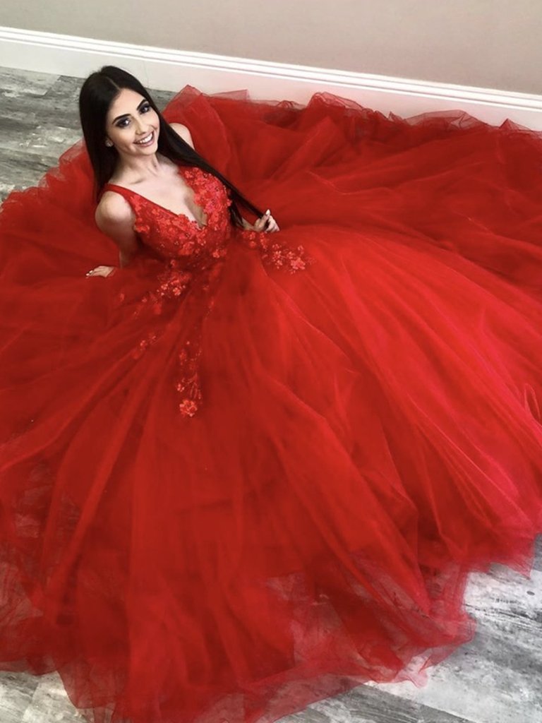 V Neck Long Red Lace Floral Prom Dresses, Red Lace Formal Dresses, Red Floral Evening Dresses cg16069