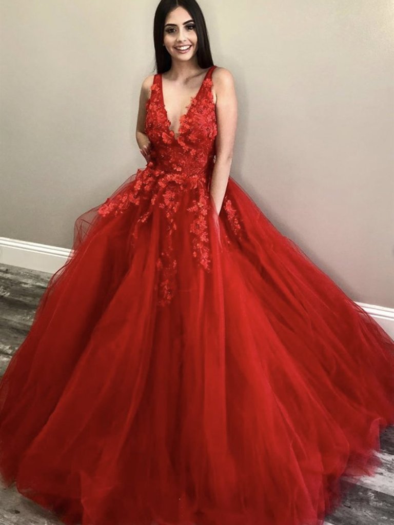 V Neck Long Red Lace Floral Prom Dresses, Red Lace Formal Dresses, Red Floral Evening Dresses cg16069