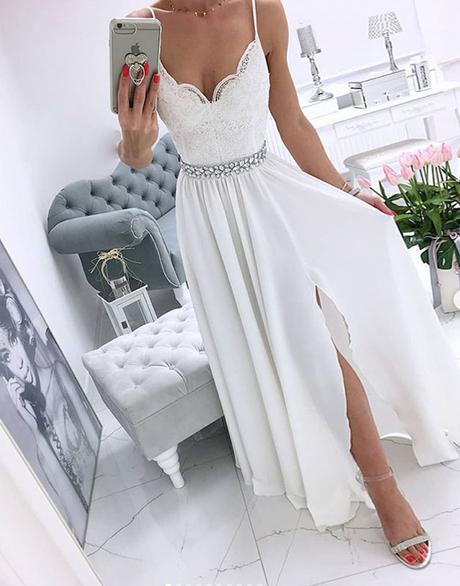 Weißes langes Chiffon-Ballkleid mit V-Ausschnitt, weißes Abendkleid cg1607