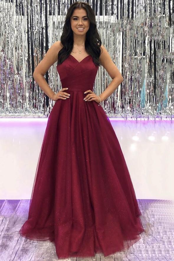 Burgundy v neck tulle long prom dress evening dress cg16074
