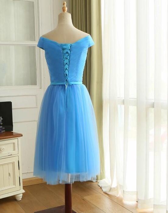 Short Homecoming Dresses Blue Off Shoulder Tulle Short Blue Bridesmaid Dress Party Dress cg16076