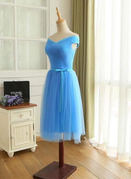 Short Homecoming Dresses Blue Off Shoulder Tulle Short Blue Bridesmaid Dress Party Dress cg16076