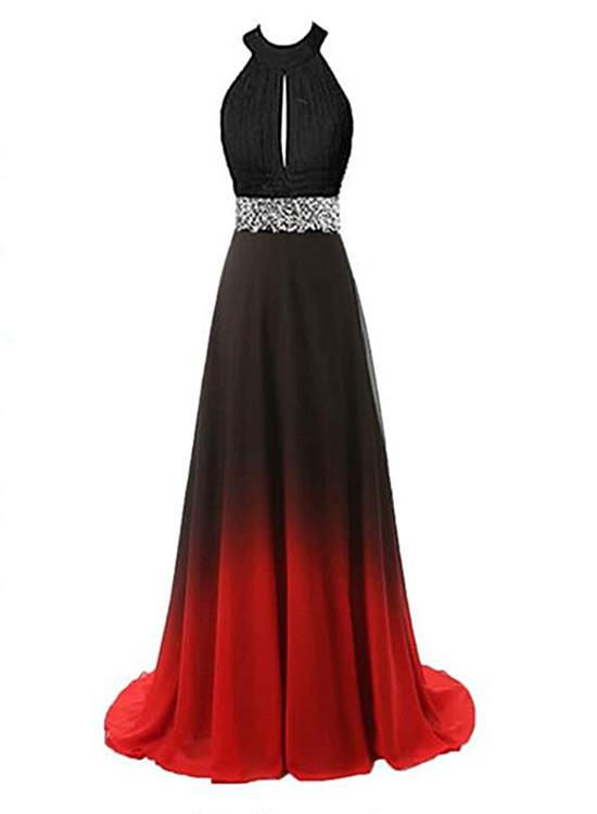 Beautiful Gradient Color Halter Beaded Party Dress, Red And Black Prom Dress cg16077