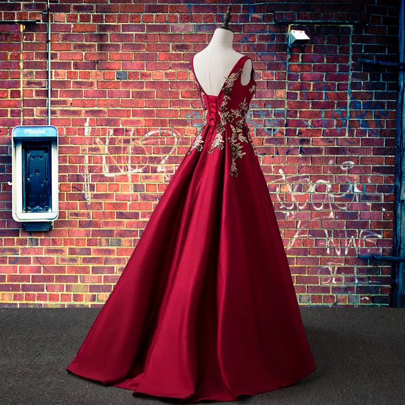Dark Red Round Neckline Satin Prom Dress With Lace Applique, Long Evening Dress cg16079