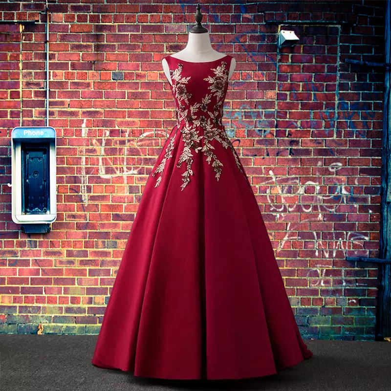 Dark Red Round Neckline Satin Prom Dress With Lace Applique, Long Evening Dress cg16079