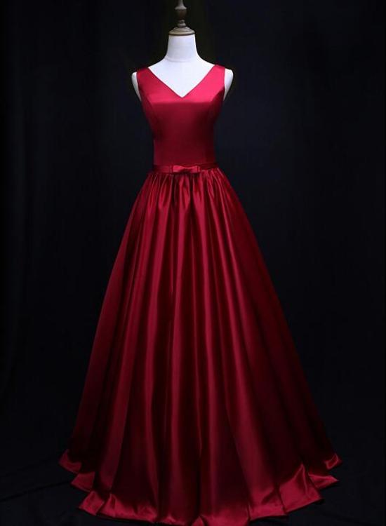 Red Satin V-Neckline Floor Length Junior Prom Dress, Party Dress With Bow cg16080