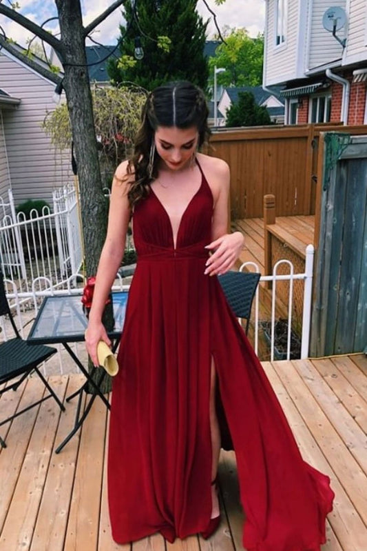 Schlichtes, langes Chiffon-Ballkleid in Burgunderrot mit V-Ausschnitt, Abendkleid in Burgunderrot cg1609