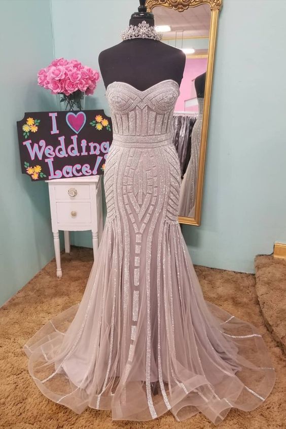 Mermaid Sweetheart Silver Beaded Long Prom Dress cg16090