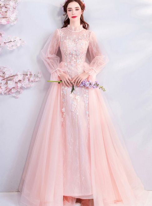 Pink Tulle Long Sleeve Appliques Prom Dress cg16107