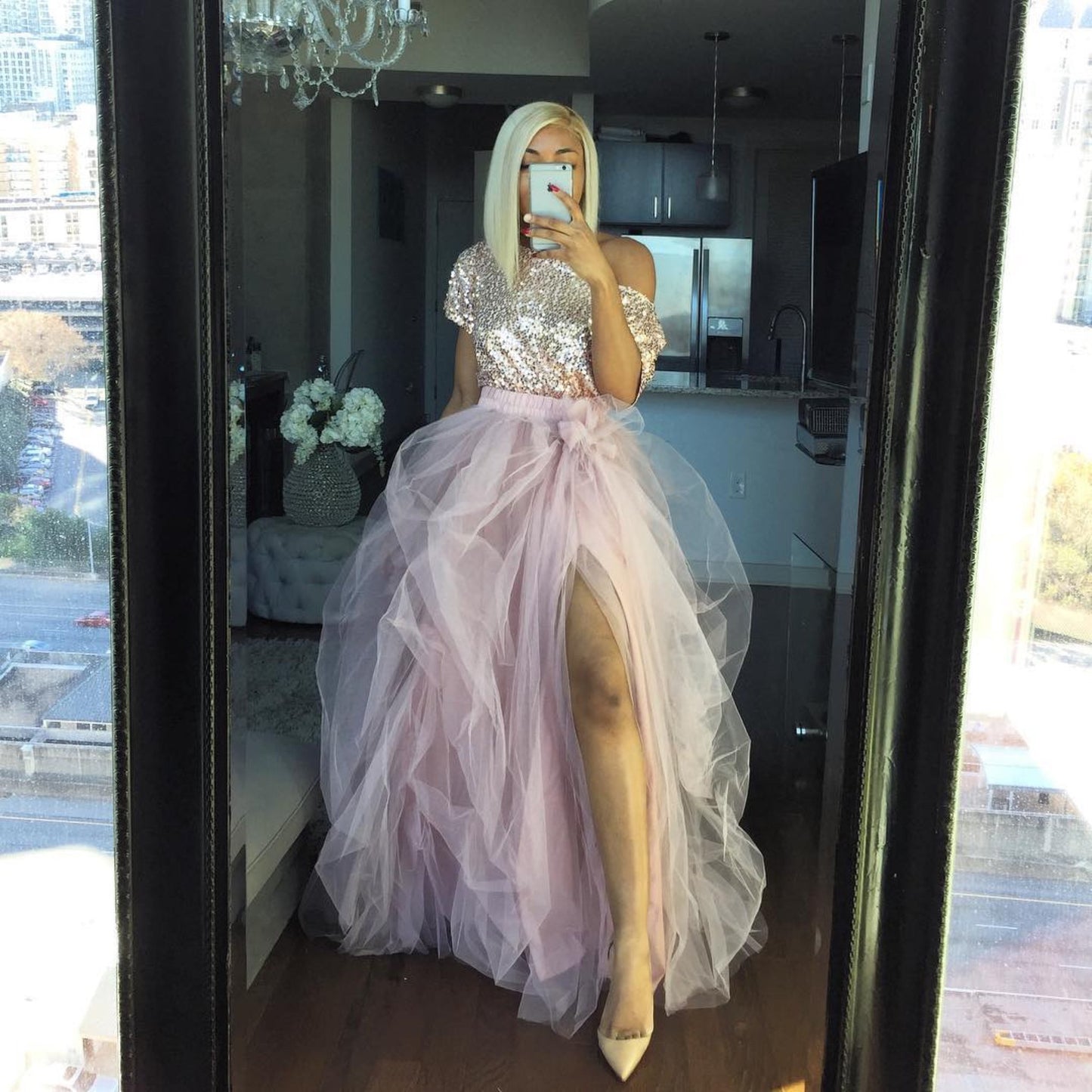High slit tulle skirt, Long Skirt Outfits prom dress cg16111