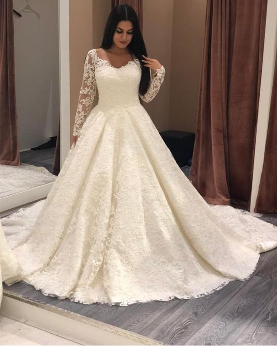 Long Sleeves Plus Size Lace Wedding Gown with V-neckline prom dress cg16112