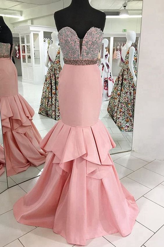 Pink Satin Sweetheart Neck Long Mermaid Prom Dress With Lace Applique cg16113