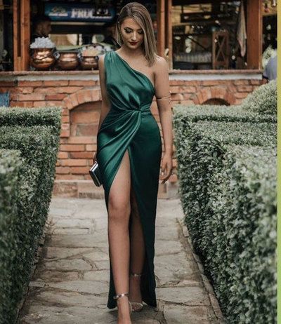 one shoulder dark green slit side prom dresses cg16117