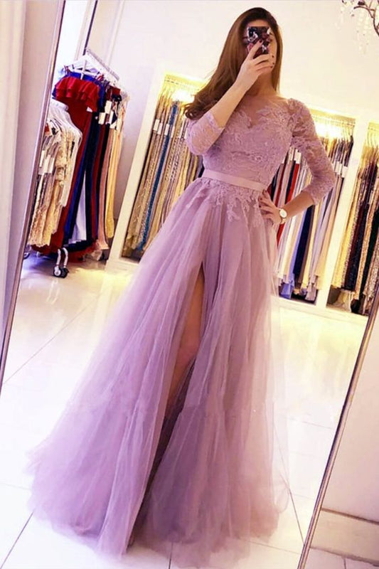 Schlichtes lila Brautjungfernkleid mit Ärmeln, Ballkleid cg16136
