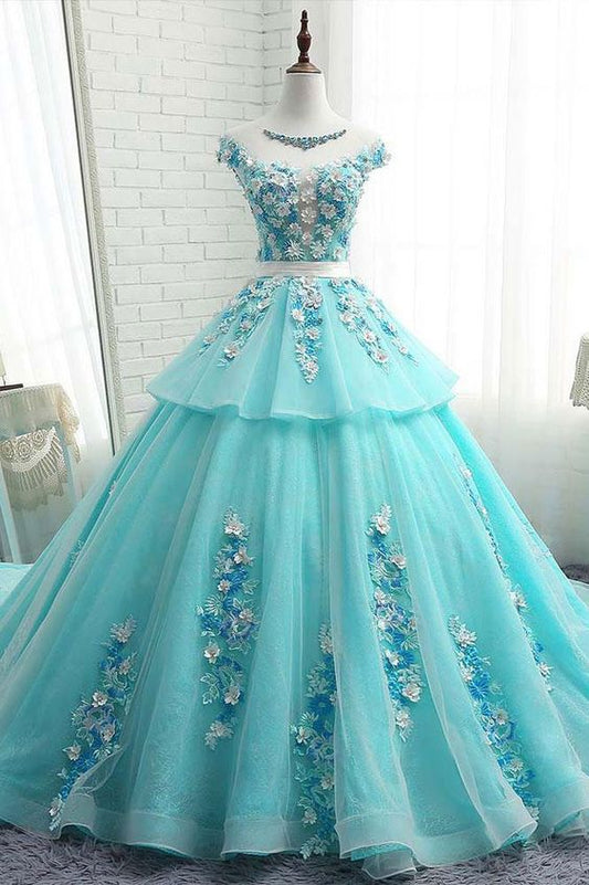 Grünes U-Ausschnitt Ärmelloses Stufen-A-Linien-Ballkleid mit Spitzenapplikationen cg1614