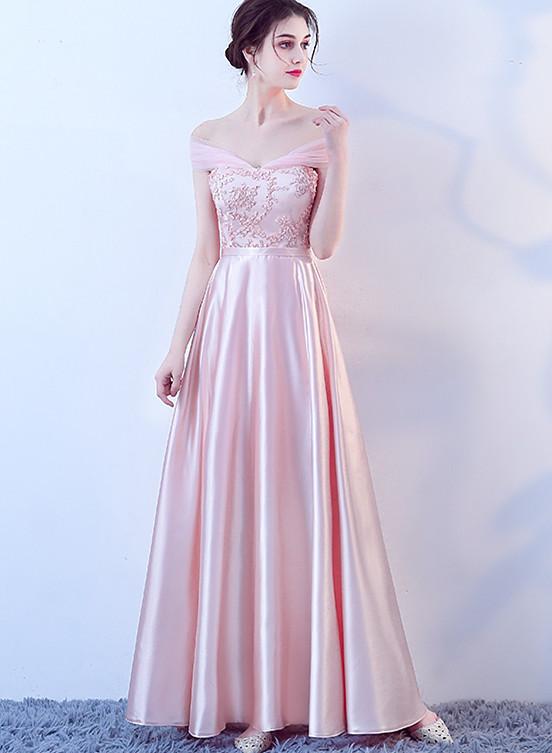 Pink Off Shoulder Lace And Satin Evening Dress, Pink Long Prom Dresss cg16142