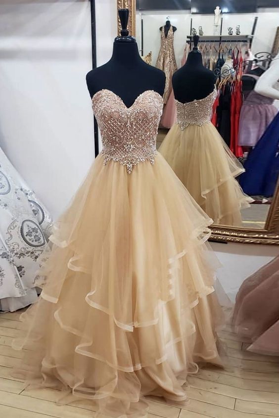 Champagne tulle sweetheart long prom dress, champagne evening dress cg16146