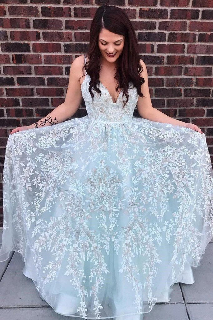 A Line V Neck Backless Blue Lace Floral Long Prom Dress, Blue Lace Formal Dress, Blue Evening Dress cg16148