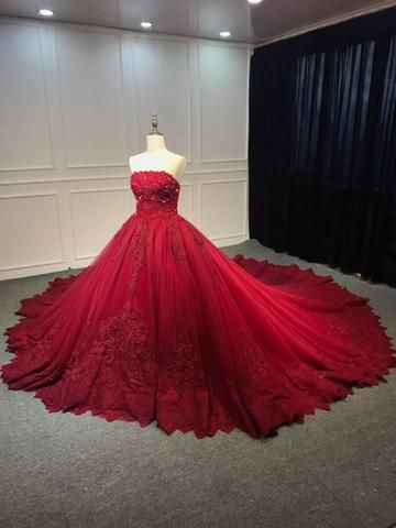Trägerloses dunkelrotes Ballkleid mit Spitzenapplikationen, Perlen, Kristallen, Pailletten und Perlen, Brautkleider, Ballkleid cg16159
