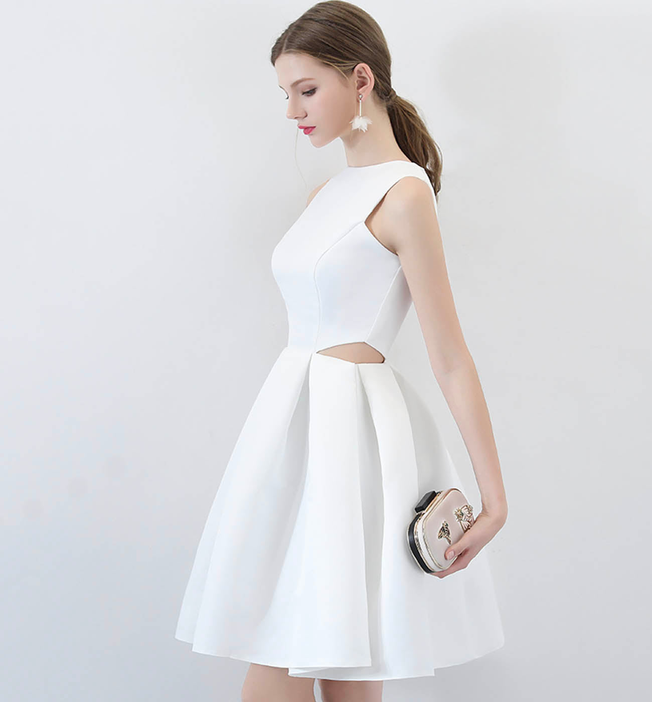 WHITE SATIN SHORT DRESS CUTE EVENING DRESS Homecoming Dress cg16185