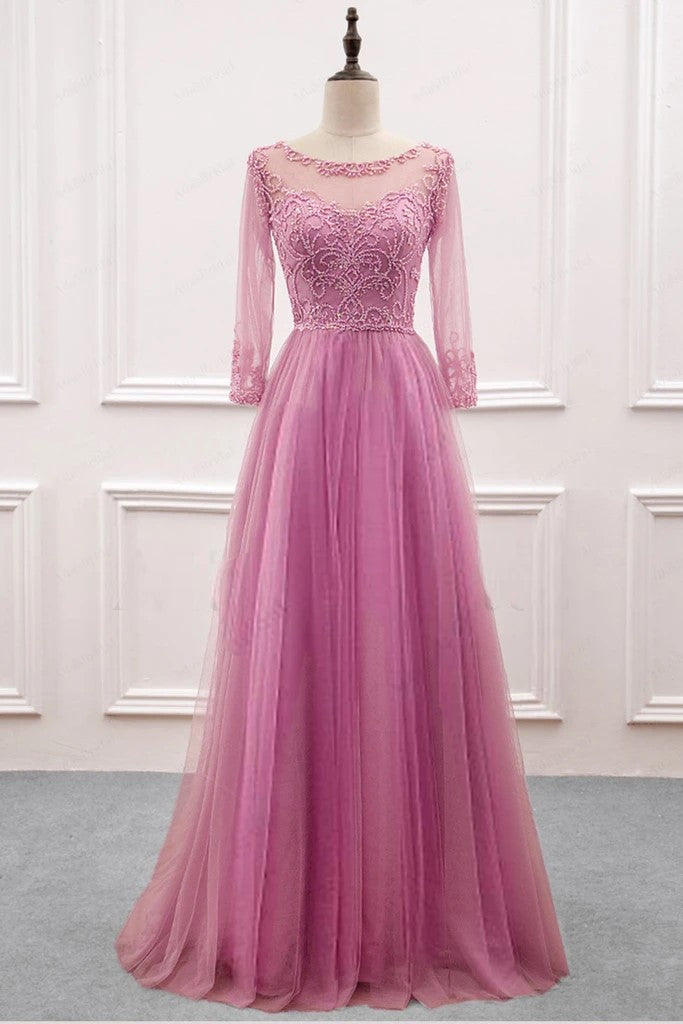 prom Dress New Arrival Beaded Prom Dress Floor Length Formal Gown Tulle Pink Long Sleeves cg16195