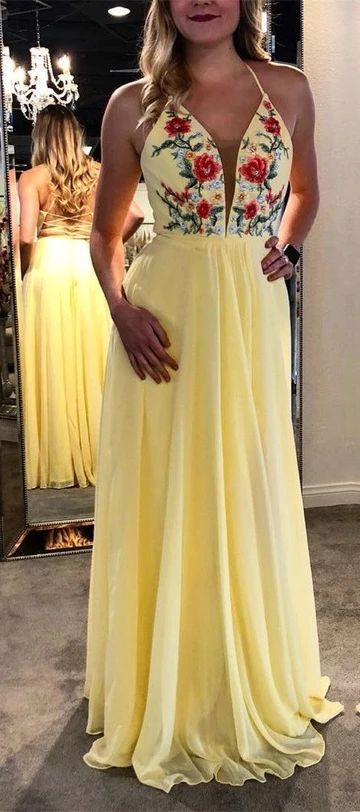 Yellow Prom Dress,Chiffon Evening Dresses,Appliques Prom Dresses,Halter Prom Gown cg16196