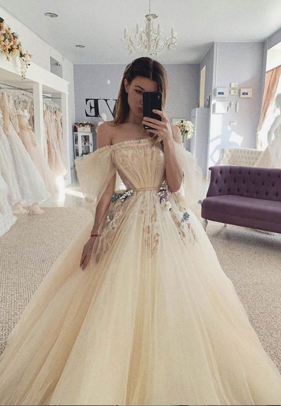 Champagne tulle long prom dress evening dress cg16199