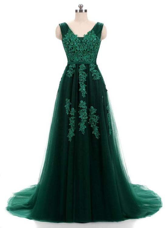 Beautiful Dark Green V-Neckline Backless Party Dress, Tulle Formal Dress Prom Dresses cg16205