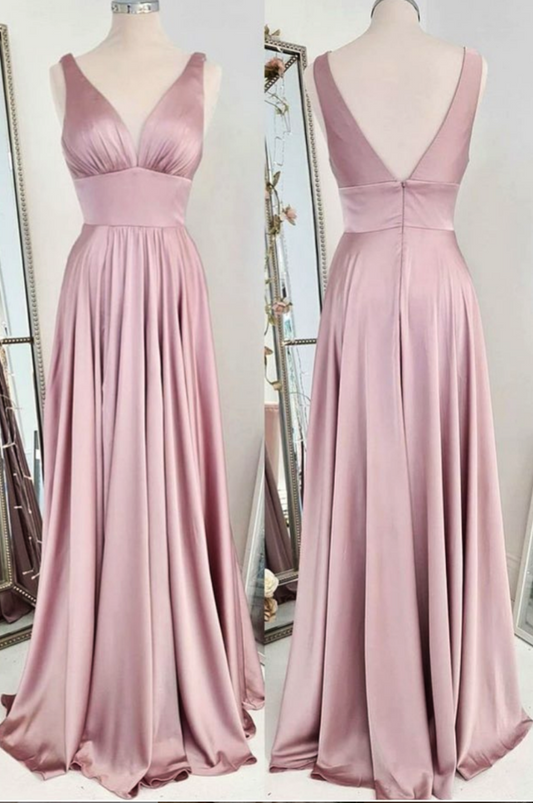 Schlichtes langes rosa Satin-Ballkleid, rosa Brautjungfernkleid, cg16207