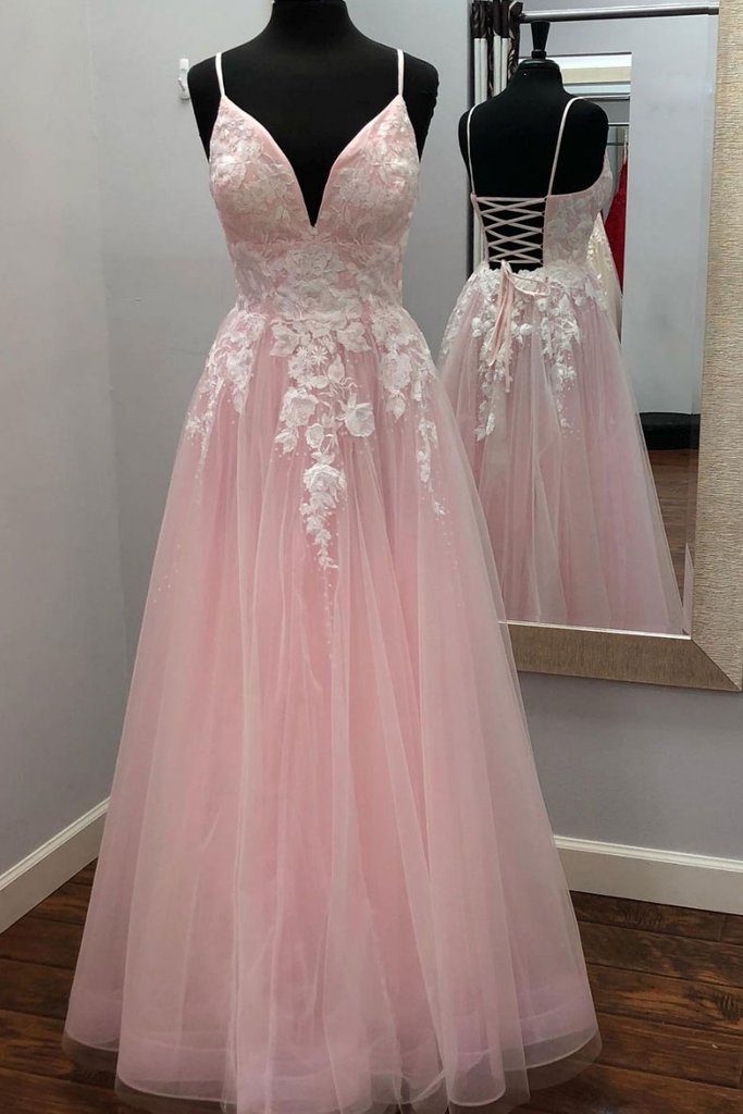 PINK V NECK TULLE LACE LONG PROM DRESS PINK TULLE EVENING DRESS cg16209