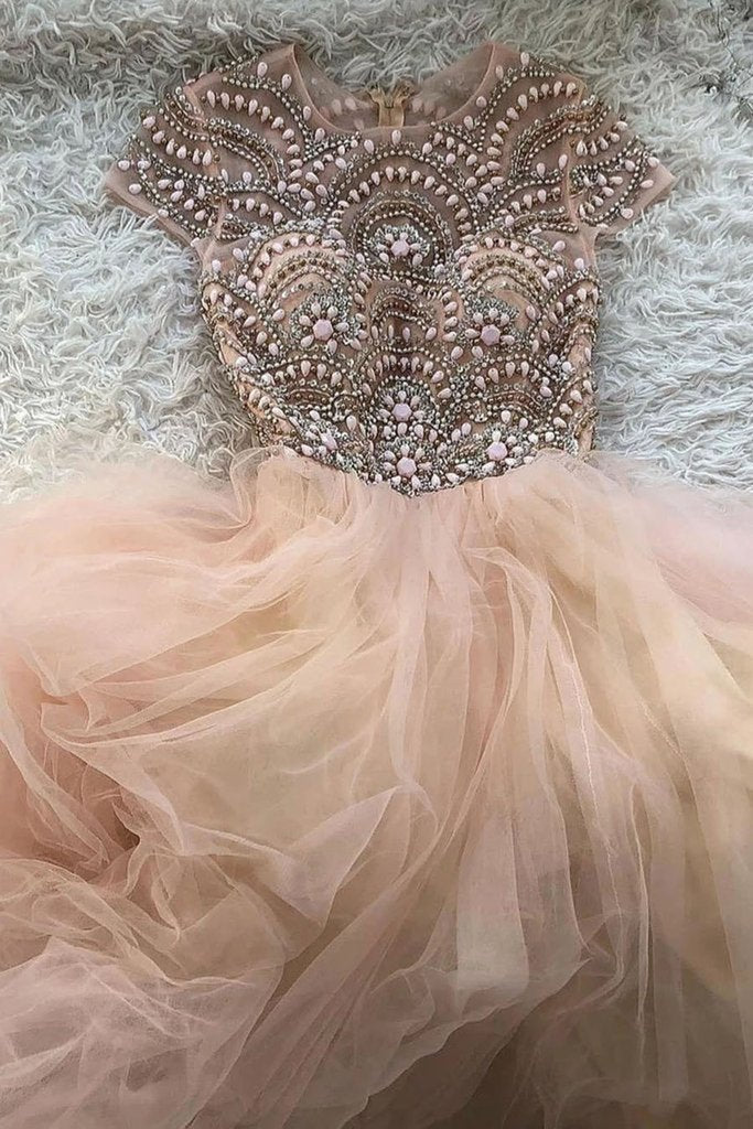 Gorgeous Cap Sleeves Round Neck Pink Beaded Long Prom Dress, cg16221