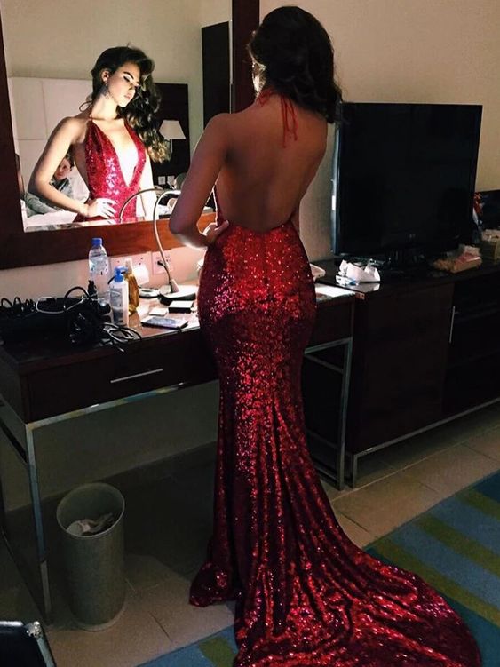Prom Dresses Sexy Sweep/Brush Train Sequins Evening Dress Gala for Black women cg16228
